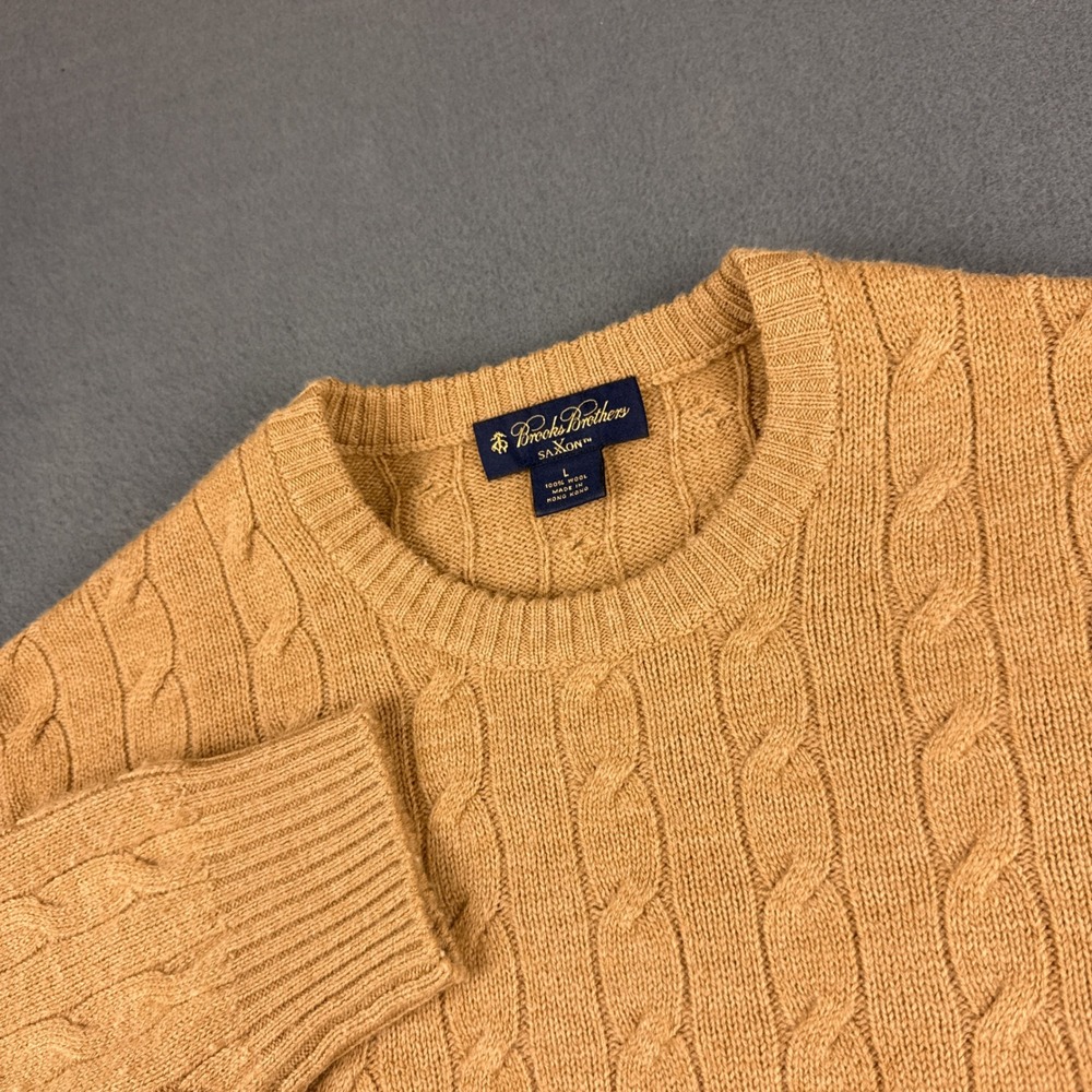 Brooks Brothers Saxxon Sweater Men's L Brown Wool Cable Knit Crewneck Pullover